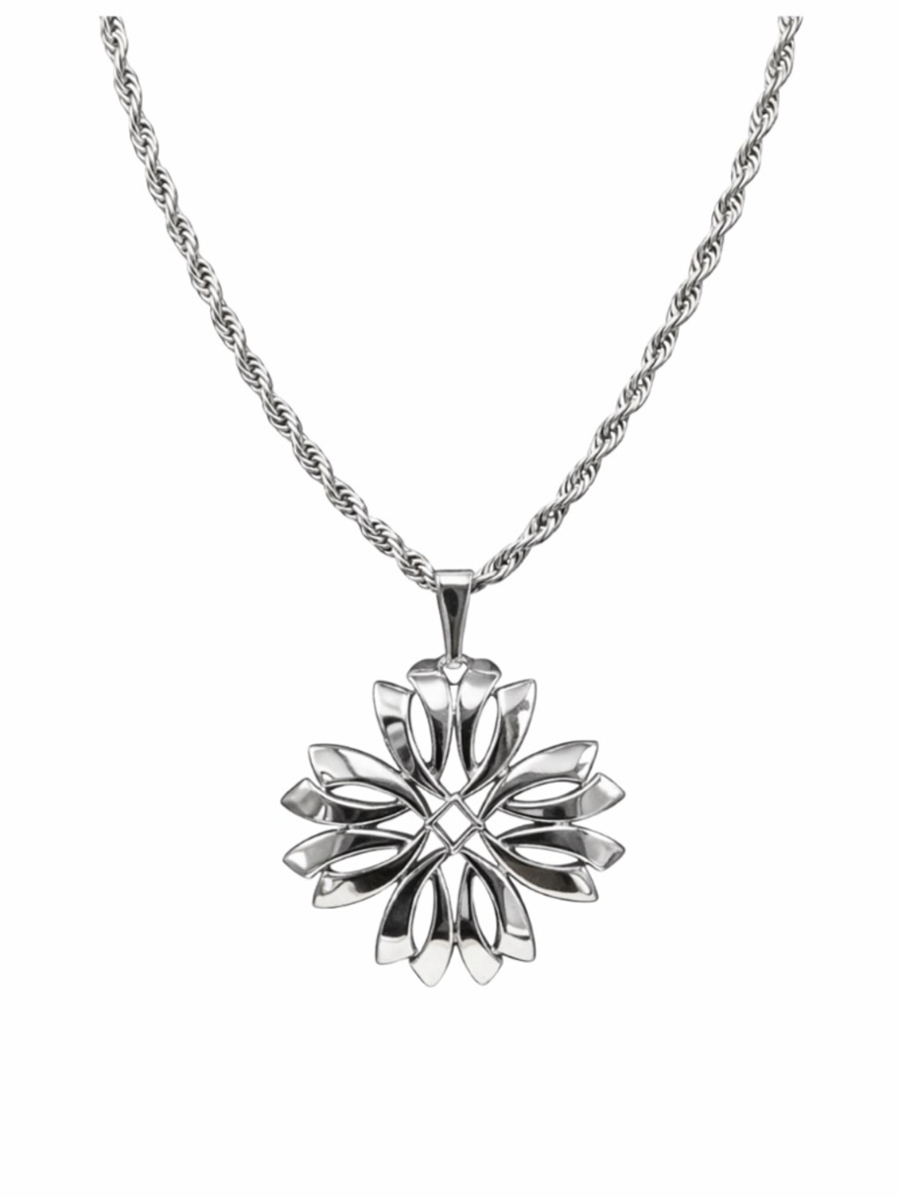 Crown Trifari Necklace 60s Statement Chunky Flower 23-1/2” Rope Chain Pendent
